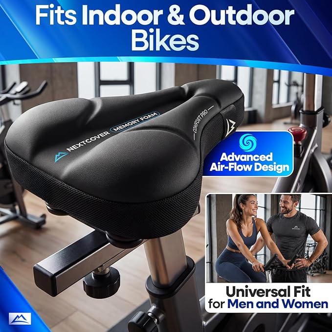 Nextcover® Bike Seat Cushion CoverPro with Memory Foam 4.0 I Ergonomic Bike Seat Cover - Ideal for Stationary, Mountain, Spin or Outdoor Bike I Comfortable Gel Padded Bicycle Seat Cushion