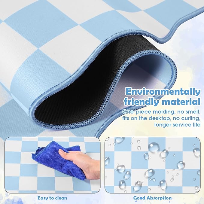 Copkim 1 Pcs Blue Scalloped Checkered Desk Mat 31.5 x 11.8 Inch Large Cute Mouse Pad Computer Mat Non Slip Waterproof Rubber Base with Border Stitching Soft Keyboard Pad for Home Office Gaming Makeup