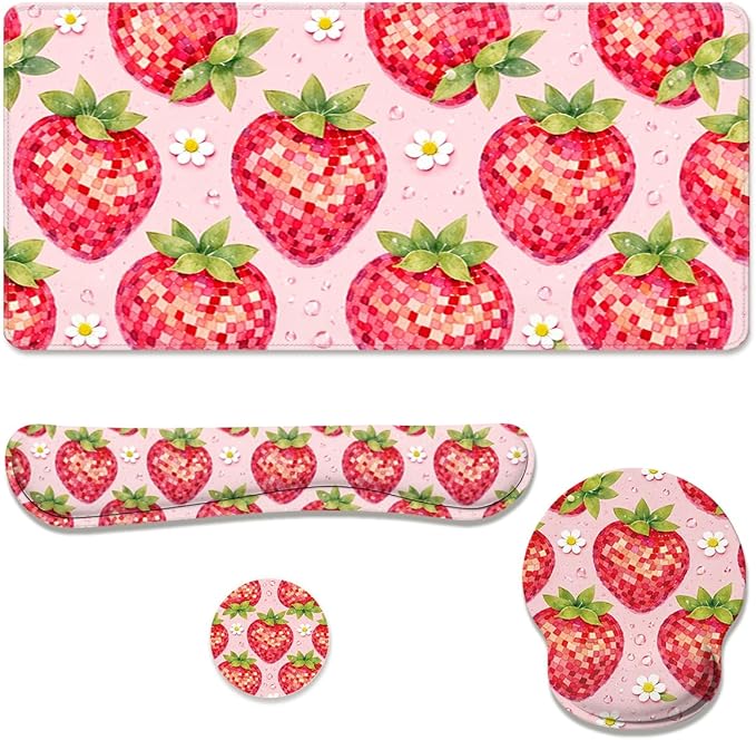 Strawberry Disco Desk Mat Set Fruit Pink Checkered Cute Large Mouse Pad with Wrist Rest 4in1 Desk Mat for Desktop Ergonomic Computer Desk Arm Wrist Anti-Slip Computer Mouse Pad Home Office Gaming