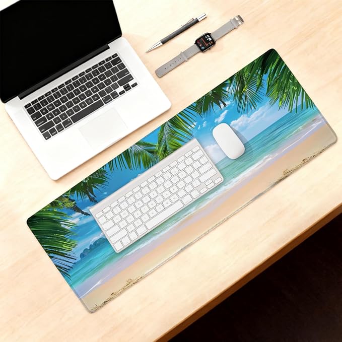 Summer Sea Palm Beach Large Mouse Pad Non-Slip Rubber Long Gaming Desk Mat Big Computer Keyboard Mousepad Waterproof Protector Wristing Pad for Gaming Office Home Decorative 31.5 X 11.8 Inch