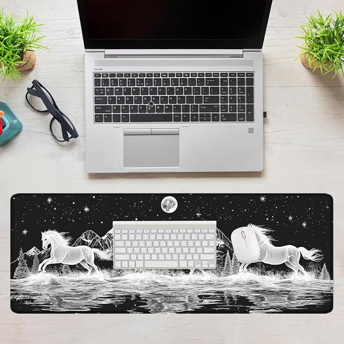 Wild Horses Mouse Pad, Black White Moon Mountain Gaming Desk Mat with Stitched Edges,Non-Slip Waterproof Rubber Base Mouse Mat, 31.5x11.8in Desk Home Office Gaming