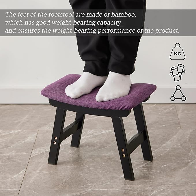Kitsanery Foot Stool,Ottoman,Bamboo Small Sofa Foot Rest Under Desk,Extra Seating for Living Room, Bedroom and Kitchen (Black Stool Legs - Purple Surface)