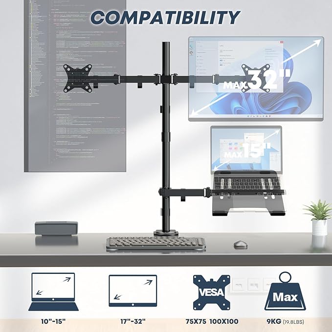 Dual Monitor Stand and Laptop Mount Fit Two 17 to 32 Inch Monitor and 10 to 15 Inch Laptop,Extra Tall Adjustable Stand,19.8 lbs Weight Capacity per Arm,Black
