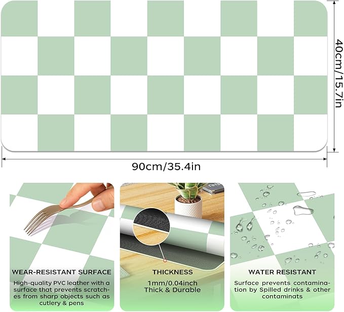 Large Checkered Desk Mat 35.4" x 15.7", PU Leather Mouse Pad Protector, Deskmat for Desk, Non-Slip Green Desk Mat, Waterproof Writing Pad for Office and Home (35.4in*15.7in, Green Plaid)