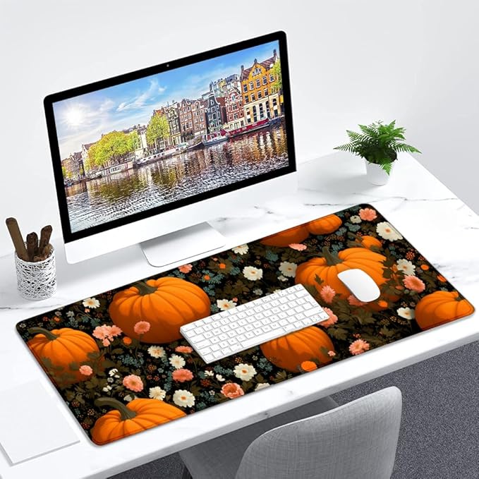Gaming Mouse Pad Large Desk Mat Extended Keyboard Mouse Pad Mousepad with Non-Slip Base and Stitched Edge Mouse Mat Desk Pad Mouse Pads for Desk Home Office Gaming Pumpkin Flowers