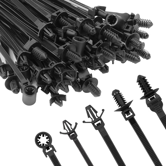 Armpow 210 PCS Automotive Installation Black Push Mount Cable Zip Ties Assorted Sizes, Heavy Duty Self-Locking UV Resistant Wire Ties - For Indoor Wire Bundling, Construction, Automotive