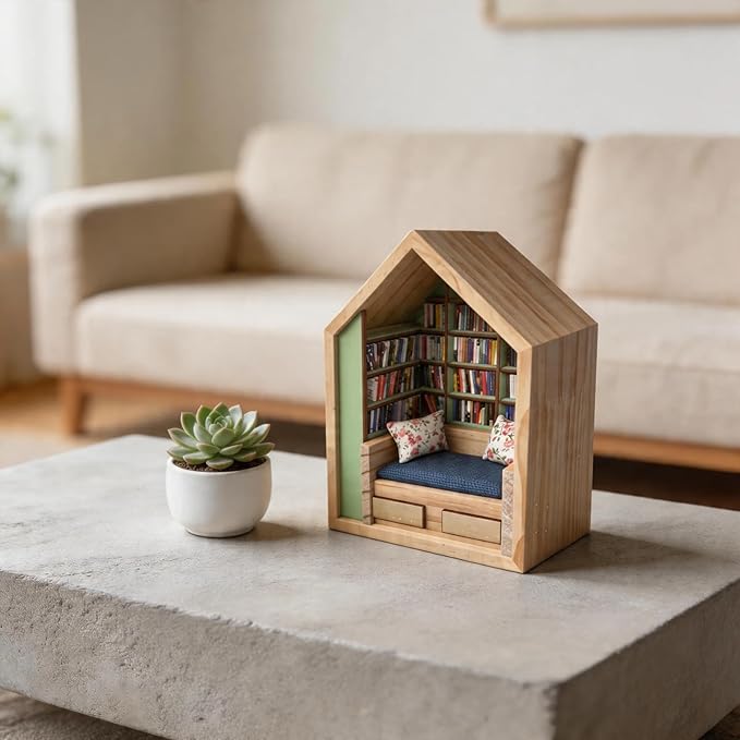 Anxiety Bookshelf with 300 Mini Books, Mini Wooden Bookshelf with Reading Nook, Desk Decor Anxiety Relief Bookshelf for Book Lovers(Green)
