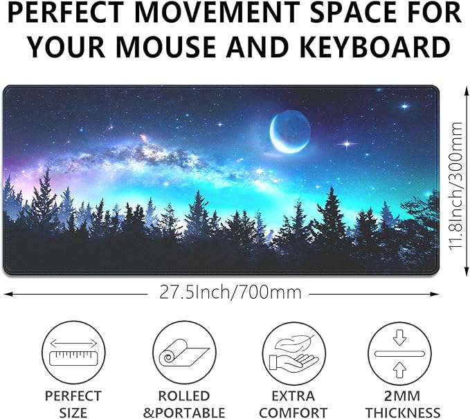 Starry Night Forest Large Gaming Mouse Pad Desk Pad, 27.5x11.8in Moon Galaxy Extended Desk Mat with Stitched Edges, Non-Slip Waterproof Rubber Base for Office, Computer & Laptop
