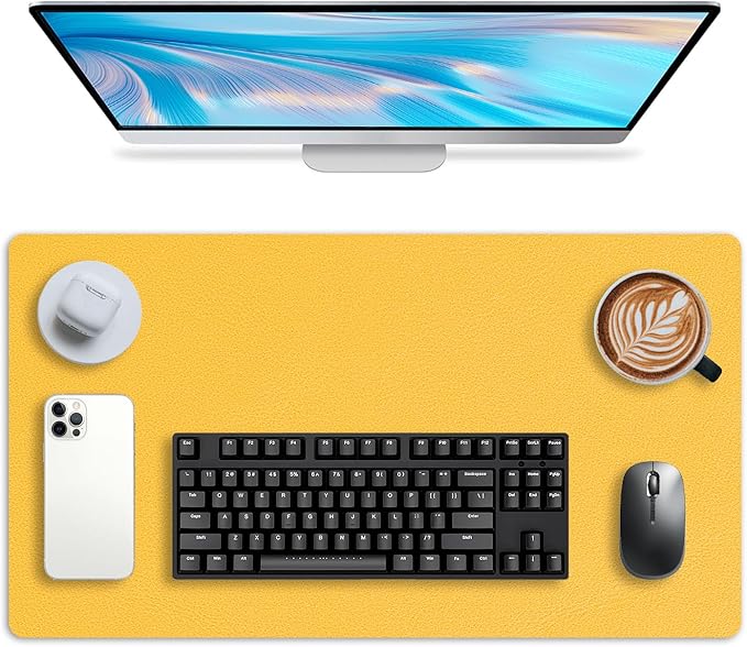 Leather Desk pad Protector, Office Mat, Large Mouse Mat, Non-Slip PU Leather Blotter, Laptop Desk Pad,Waterproof Laptop Computer Desk Keyboard Mat for Office/Work/Home/Decor (Yellow, 47in*18in)