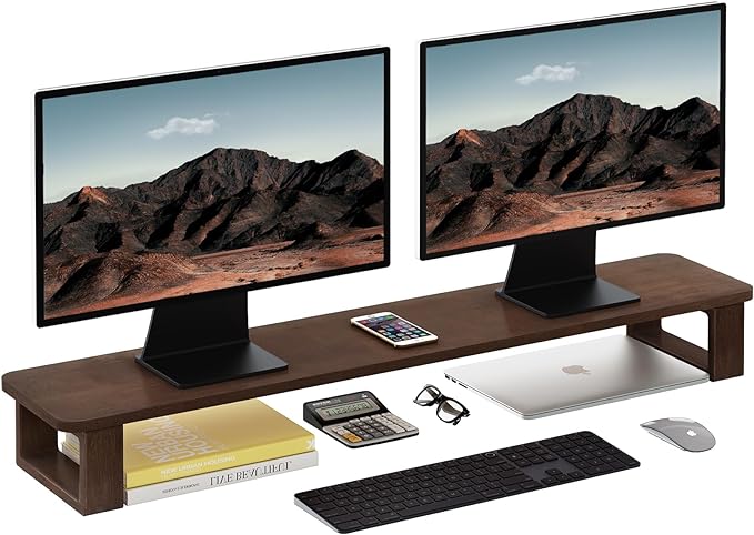 Ufine Dual Monitor Stand Riser 2 Heights Adjustable Wood Computer Monitor Stand Desktop Organizer, Large Monitor Stand for 2 Monitors, Laptop, TV, Printer
