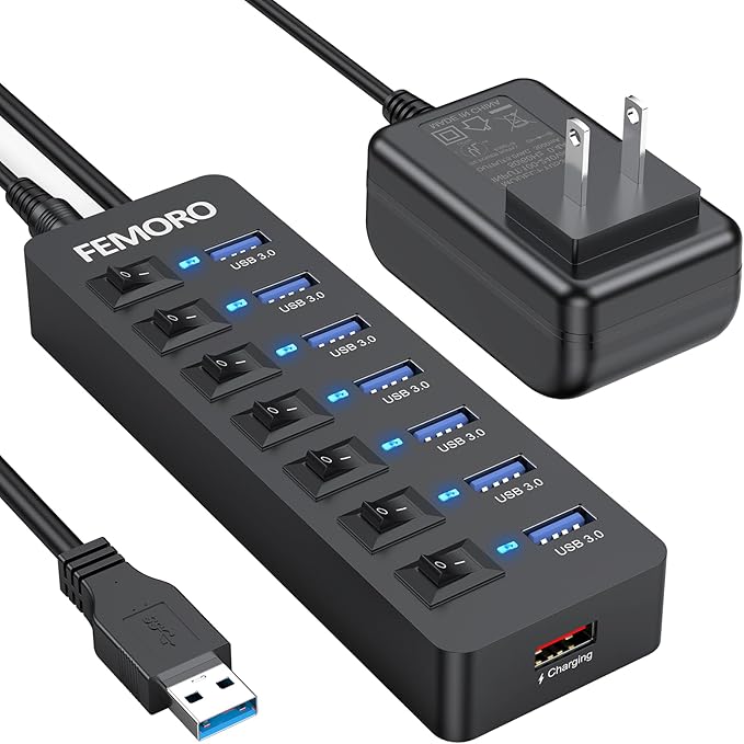 Powered USB Hub 3.0, 5Gbps Data Transfer 7 Ports and 12W Charging-only 1 Port with 5V/3A Power Adapter 4Ft Long Cable & Individual Switches for Laptop PC Flash Drive External SSD HDD Keyboard Mouse