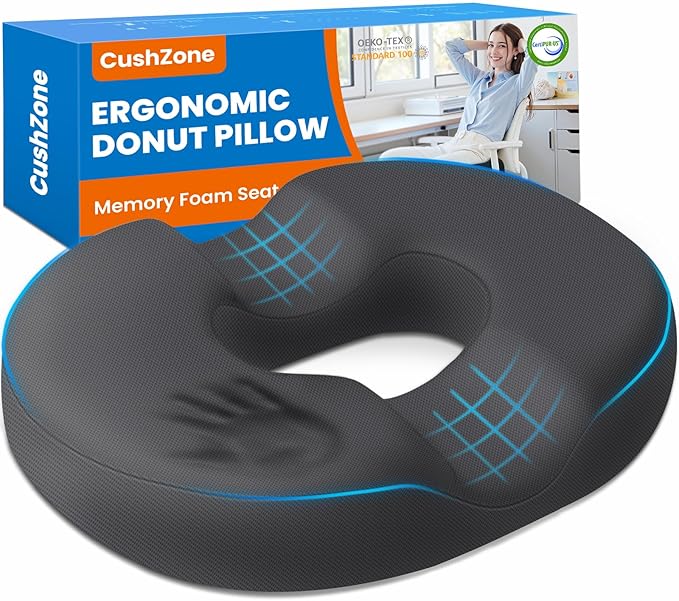 CushZone Donut Pillow for Postpartum Pregnancy - Large Ergonomic Chair Seat Cushions, Office Chair Cushion, Breathable Hemorrhoid Pillow, Lifting Chair Pads for Sitting, After Surgery(Grey)