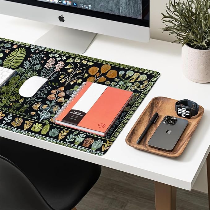 Desk Mat Large Mouse Pad, Non-Slip PU Leather Gaming Mousepad Keyboard Mouse Mats Desk Pads 31.5"x15.7" for Work Office Decor Gifts Black Plants