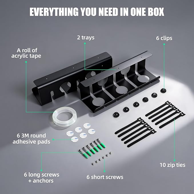 Under Desk Cable Management Tray, 16.5" L x 4.7" W x 4.3" H, 2 Pack Under Desk Cable Tray, Wire Organizer for Power Strip, Tape Mount or Screw Mount, Easy Install Cord Raceway for Desk & Home