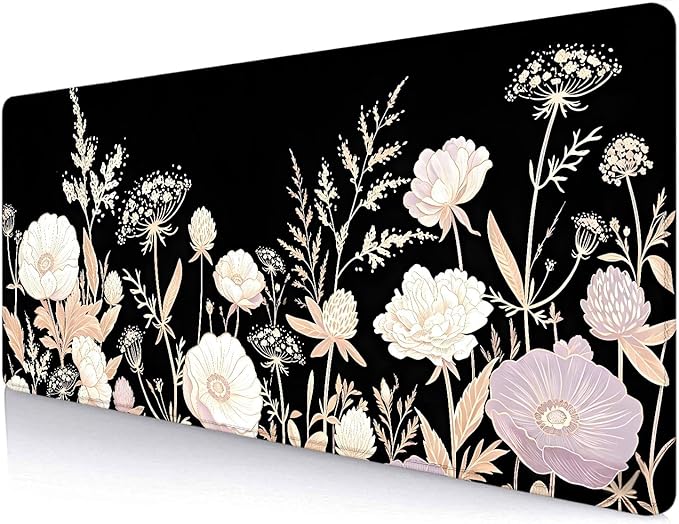 Boho Floral Large Mouse Pad, Black Aesthetic Wildflower Desk Mat, Non-Slip Extended Keyboard Pad, Retro Flower Vintage Botanical Art Mousepad for Women Home, Office, Gaming, 31.5x11.8 Inch