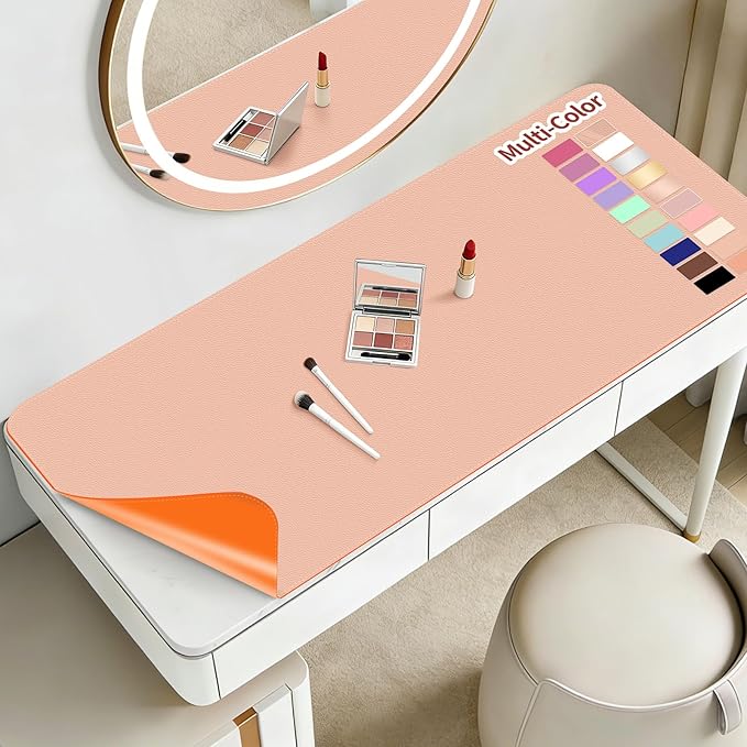 Makeup Mat for Vanity to Protect Desk Top 23.6 x 11.8 in, Dual-Sided Makeup Mat, Easy to Clean Desk Pad - Waterproof and Oilproof Vanity Accessories (Apricot and Orange)