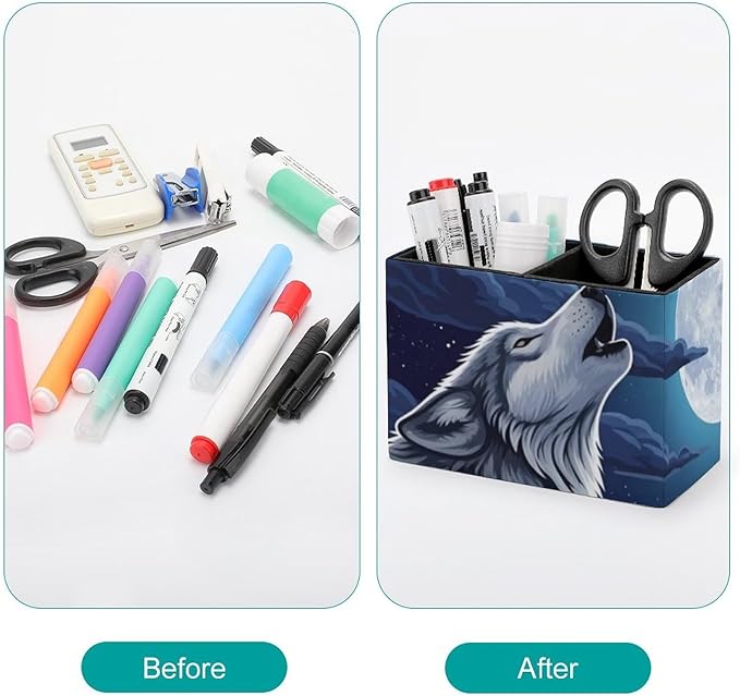 Square Brush Pot Full Moon Howling Wolf, Versatile PU Leather Pen Container for Various Uses