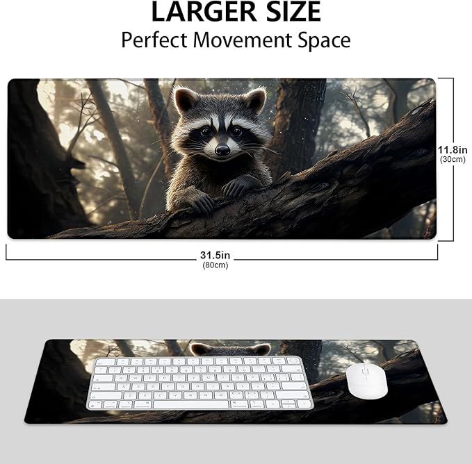 Forest Raccoon Large Mouse Pad, Gaming Mouse Pad, Non-Slip Rubber Base, Office Accessories, Desk Mat, Animal MousePads for School, Work, Home Decor Gifts 31.5" x 11.8"