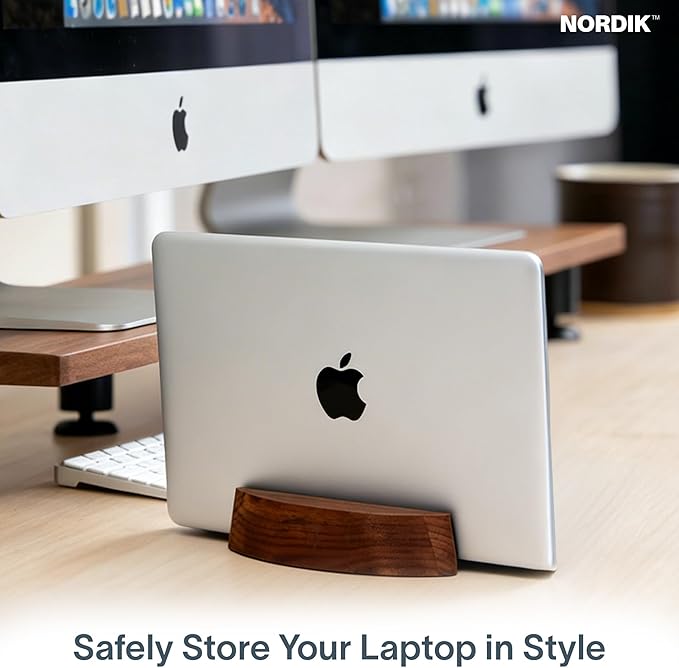 Nordik Adjustable Vertical Laptop Stand - Walnut - Premium Laptop Holder for Home Office, Software Engineers - Space Saving Desk Laptop Dock - Stable Non-Slip Wood Stand - MacBook Pro