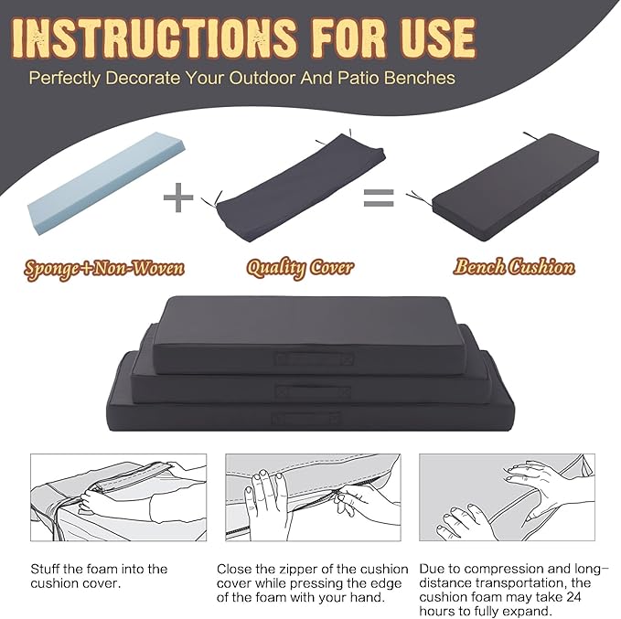 Outdoor Bench Cushion Waterproof with Memory Foam,Patio Bench Cushions for Outdoor/Indoor Furniture Porch Swing Cushion with Handle and Adjustable Strap,Dark Gray Grey,36x18 Inch