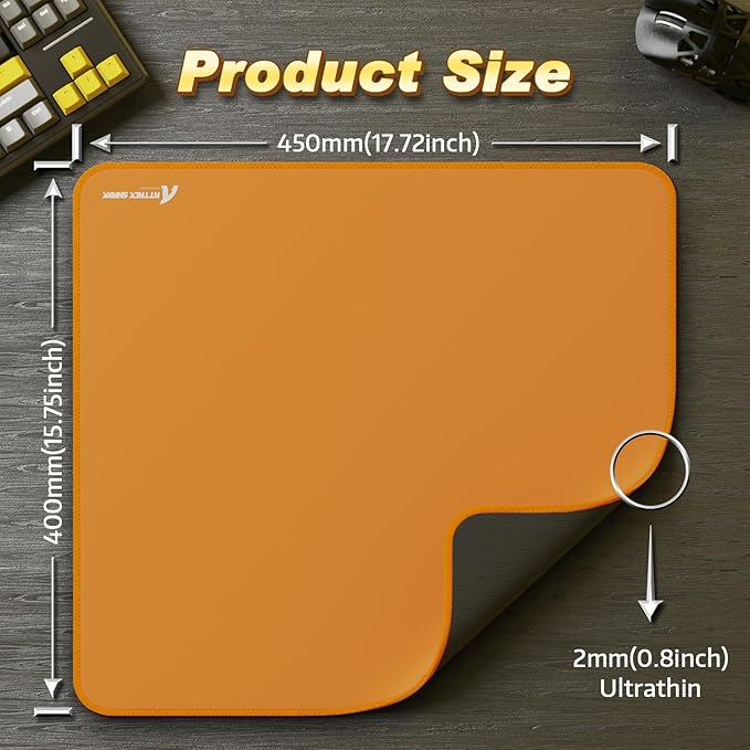 ATTACK SHARK CM02 Gaming Mouse Pad for Esports Speed Large Mouse mats for Desk Waterproof Surface Stitched Edges and Anti-Slip Rubber Base Size L Laminate 17.72” x 15.75” x 0.16” Orange