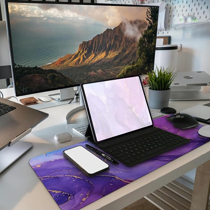 MAY FLOWER Gaming Mouse pad, Large Laptop Mousepad, Full Keyboard Mat, Long Computer Mouse Mat for Home and Office, Anti-Slip Rubber Base, 31.5 x 11.8 Inches (Purple Marble)