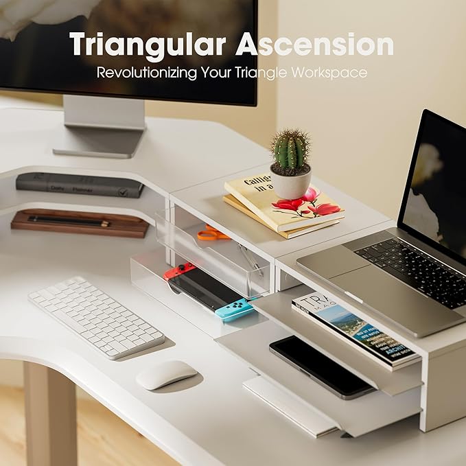 Fenge L Shape Monitor Stand Riser, Corner Triangle Computer Monitor Shelf with Drawers and Slide-out Trays, Wooden Desk Shelf Organizer for Laptop Computer Printer Home Office Desk, Holds up to 132lbs, White