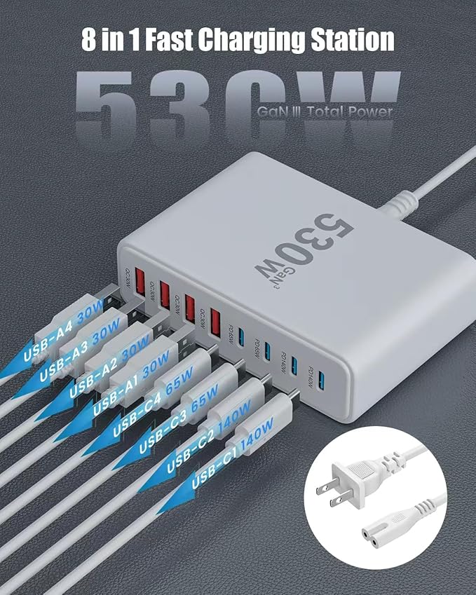 USB C Charger 530W USB C Charger Block,Upgraded GaN IV 10-Port Charging Station Hub,Travel Essentials 140W Fast Charging Laptop Adapter for MacBook Pro/Air,DELL,Steam Deck,iPhone 17/16,Galaxy S25/24