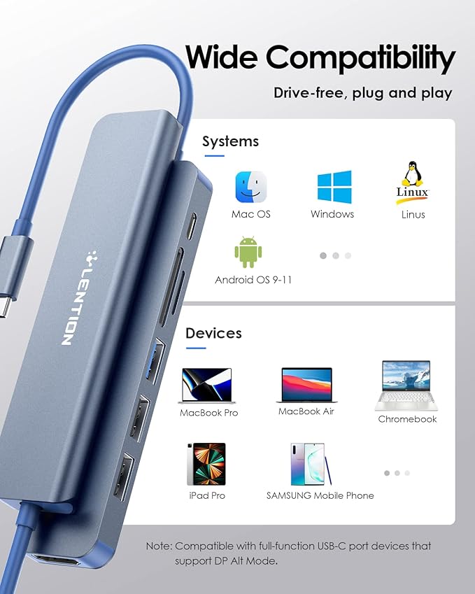 LENTION USB C Hub with 100W Charging, 4K HDMI, Dual Card Reader, USB 3.0 & 2.0 Compatible MacBook Pro, New Mac Air/Surface, Chromebook, More, Stable Driver Adapter (CB-CE18, Blue)