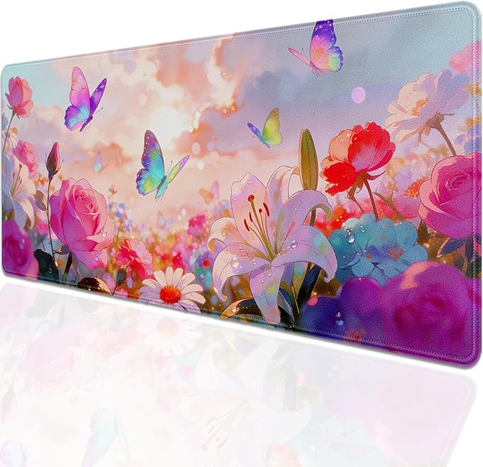 Butterfly Floral Large Mouse Pad Desk Pad, 27.5x11.8in Dreamy Floral Extended Keyboard Mouse Mat with Stitched Edges,Waterproof Non-Slip Rubber Base for Office, Laptop,Computer and Home