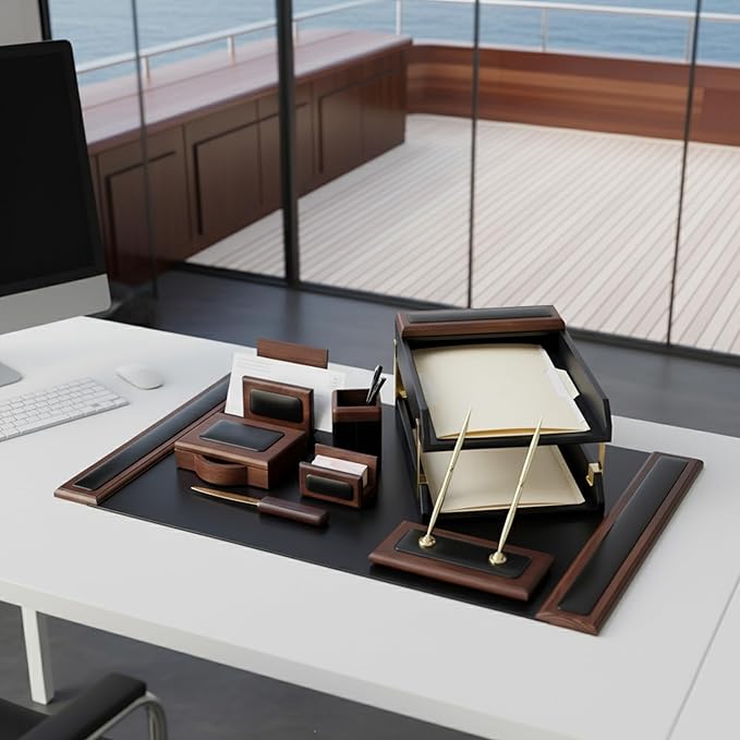 Dacasso Walnut and Black Leather Desk Set, 10-Piece, 34" x 20"
