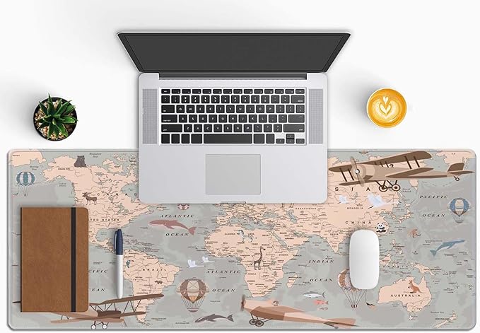 Mouse Pad Gaming, Large Mouse Pads, Non-Slip Rubber Base Mousepad, Keyboard Mouse Mat Desk Pad with Stitched Edges, 31.5x11.8 inch Retro World Map with Balloons and Animals