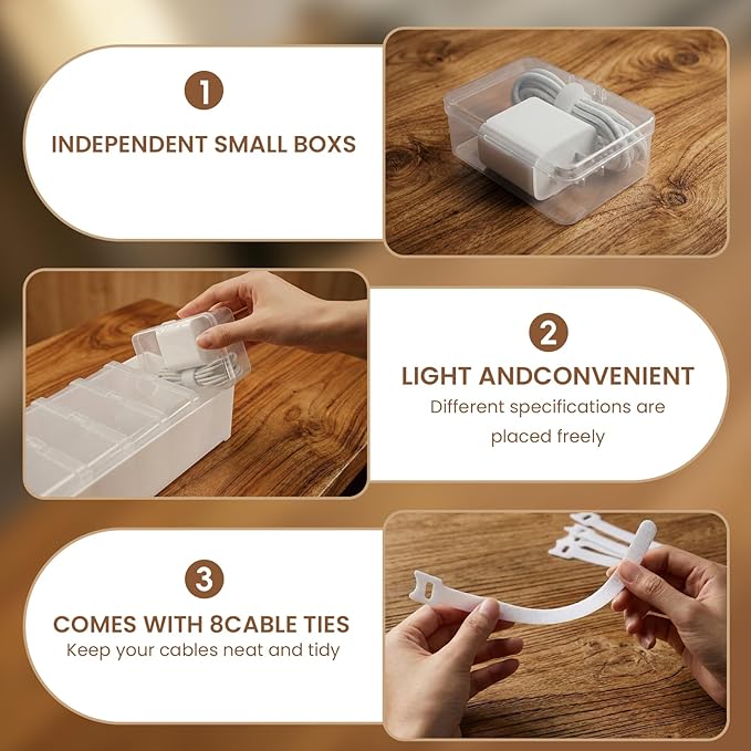 8 Individual Cable Organizer Boxes With Base, Cord Storage Organizer With Labels And Cable Straps For Charging Cables, Adapters, Earphones And Small Electronic Accessories (1 Pack)