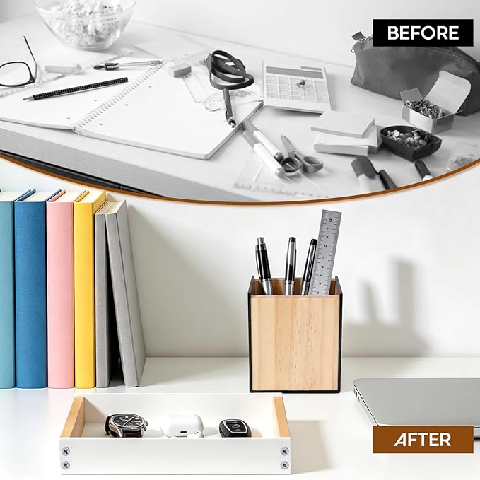 Desk Tray with Pen Holder Set, Acrylic & Wooden Desktop Organizer Multifunctional Home Office Workspace Accessories for Watch, Pens, Keys (White)