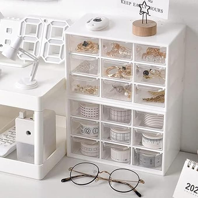 Small Drawer Organizer for Desk, 7.1" x 3. 8" x 4.6" Mini Desktop Drawer Organizer with 9 Clear Drawers, Plastic Desktop Craft Storage Box for Desk Office School Home (White)