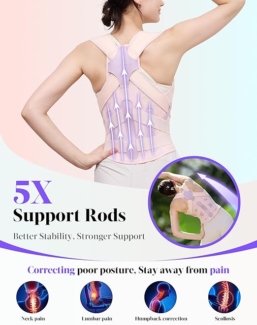 Kepwaa Posture Corrector for Women and Men, 5 Full Back Support Brace Rods, Adjustable Shoulder Straightener, Relief for Upper and Lower Back, Neck, Lumbar, Scoliosis, Hump, Pink, Medium