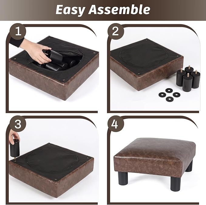 Joveco Small Footstool Ottoman Upholstered PU Leather Square Footrest Ottomans Small Foot Rest for Desk Couch Living Room Bedroom Office (Brown)