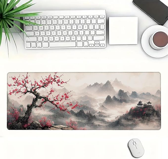 Ink Painting Large Mouse Pad Plum Bossom Mountain Mousepad XL Large Gaming Mouse Pad Laptop Keyboard Mat Desk Pad Fits Home Desk, Office Table, or Study Room 31.5x11.8 Inch