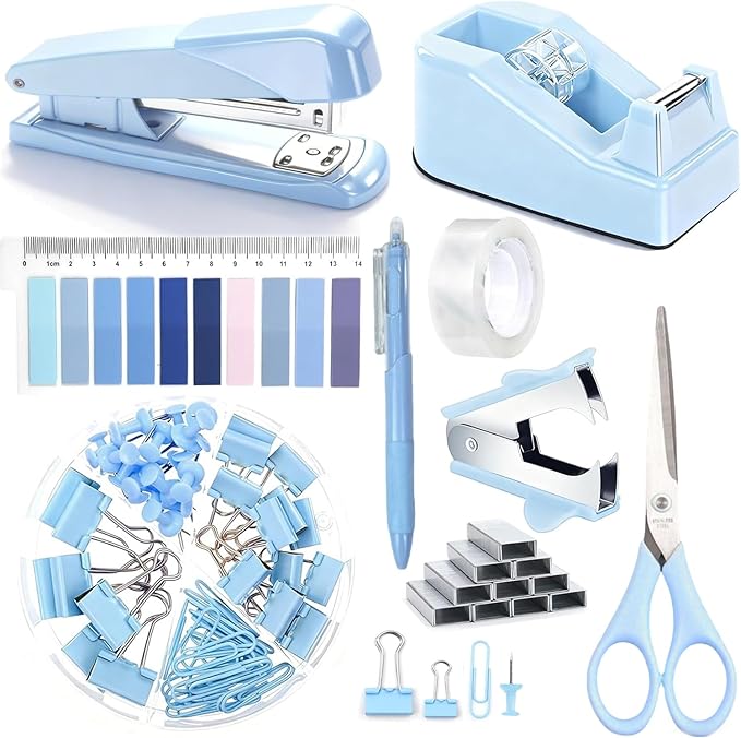 Office Supplies,Blue Desk Accessories,Office Supplies Set,Stapler and Tape Dispenser Set,Scissors,Staple Remover,Binder Clips,Staples,Ballpoint Pen,Index Tabs with Ruler,Clear Tape.9pcs for Office