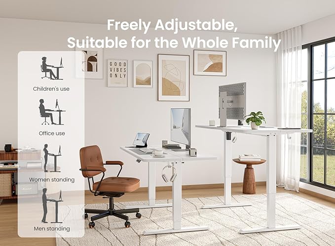BANTI 55 × 24 Inches Standing Desk, Ergonomic, Electric Height Adjustable, Sit and Stand Up, Computer Office Desk with Splice Board, White Frame/White Top