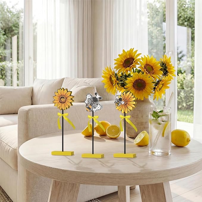 Smile 3 Pcs Wooden Decor Summer Indoor Decorations, Sunflower Bee Style, Summer Table Centerpieces for Home Kitchen Seasonal Display