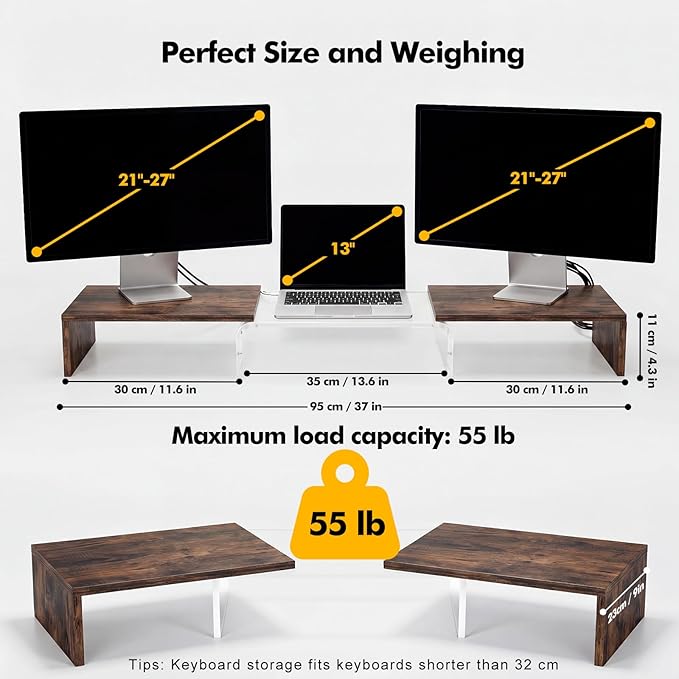 Dual Monitor Riser, Acrylic Monitor Riser, Adjustable Angle & Length Computer Monitor Stand, Wide Desk Shelf for Top of Desk for Home Office_Wood Look Small