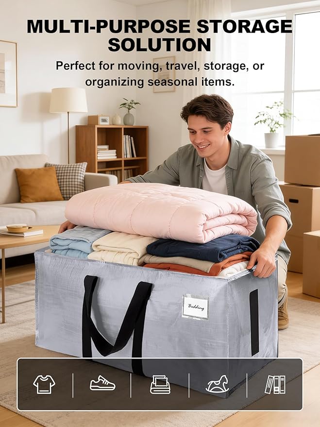 HOMESURE Supports 200lbs Heavy Duty Moving Bags - Strong Zipper & Wrap-Around Handles - Water-Resistant Storage Totes, Durable Alternative to Moving Boxes - 4 Pack - Silver