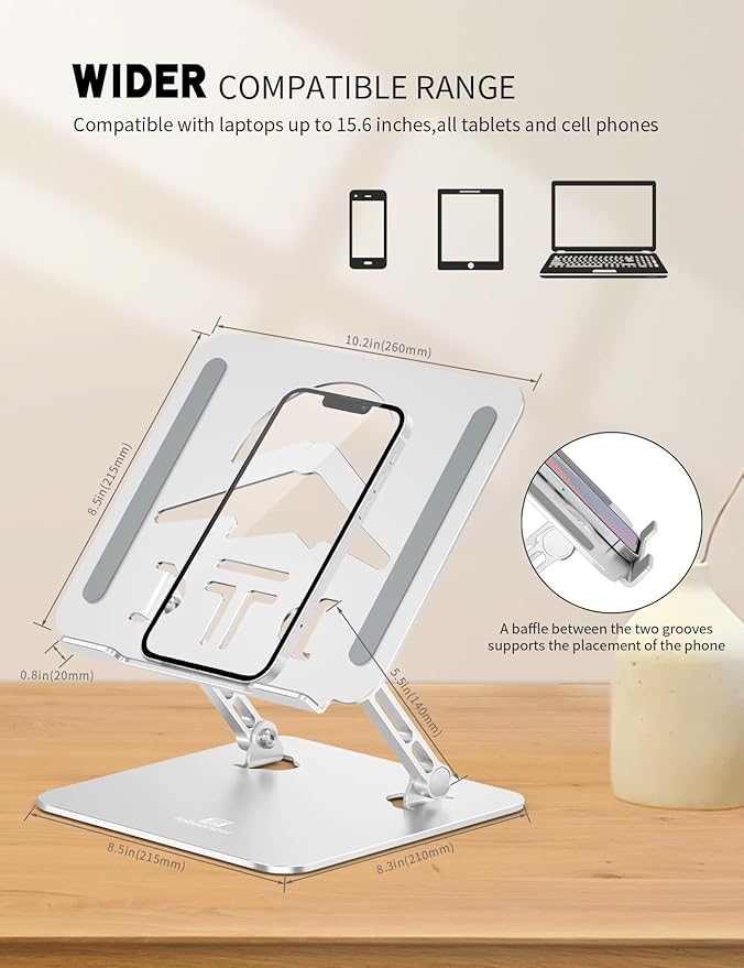 Laptop Stand Adjustable Laptop Holder for Desk, Foldable Laptop Riser Portable Computer Stand Compatible with MacBook, Lenovo, HP and All Laptops up to 16 inches Silver