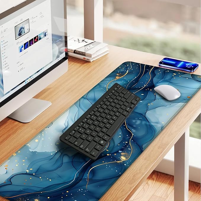 Marble Mouse Pad XXL – Large Blue Gold Marble Texture Desk Mat, Extended Non-Slip Mousepad for Office, Home, Workstation, Elegant Aesthetic Decor,31.5 x 11.8 in