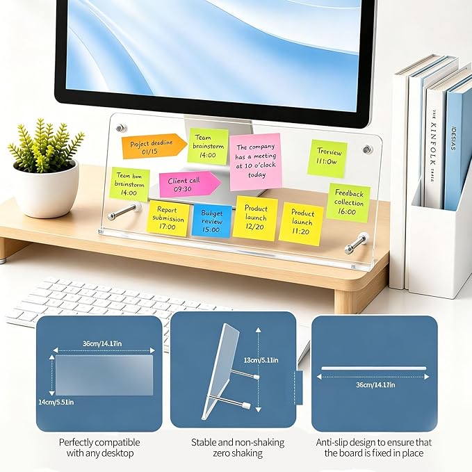 Monitor Sticky Note Holder,Acrylic Portable Monitor Memo Board with Glue-Free Design for Office Computer Desk Accessories Decor Workspace Organizers,Space-Saving Under Laptop
