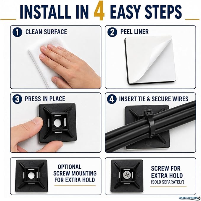 Kable Kontrol Zip Tie Mounts, 1” Sq, Black, 100 Pcs, Adhesive Backed Multi-Purpose UV-Resistant Mounting Squares Nylon Cable Tie Wrap Anchor Pads for Cable Management