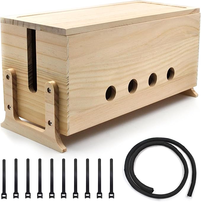 Large Cable Management Box, Wood Cord Hider Box & Organizer for Power Strip Hider Cable Storage for Office, TV Wires, Desk Cord Organizer, 14.2" x 6" x 6.3", Natural, Wood