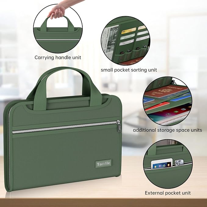 Tamfile Fireproof Accordion File Organizer with Handle, 13 Pocket Transparent Expanding File Folder (Green with Handle, 14.3" x 9.8" (Colour Pocket))