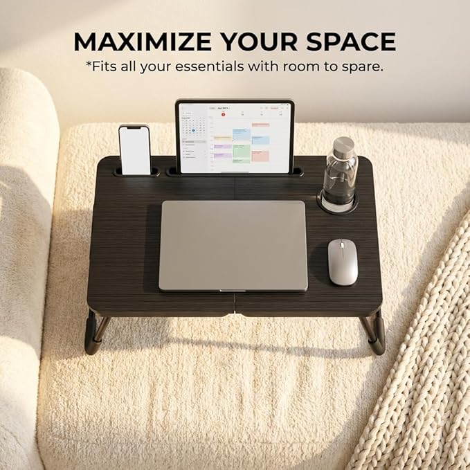 BUYIFY Foldable Laptop Bed Desk for Couch, Sofa - Large Lap Desk Tray Table with Cup Holder and Tablet Slot - Portable Notebook Stand for Eating, Writing, Studying and WFH (Black)-OKS1